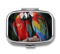 Colored Parrots Pill Box 2 Compartments Portable Travel Pill Case Mini Medicine Organizer for Pocket Purse Metal Waterproof Medicine Container Holder Vitamin Fish Oil