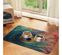 Colored Peacock Dog Food Mat, Absorbent Pet Feeding Mat for Food and Water Bowls Non-Slip Placement Pad for Floors Waterproof Quick Dry Water Dispenser Mat for Dogs Puppy Cats 12x18 Inch