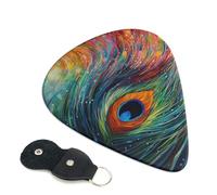 Colored peacock Guitar Picks 6 Pack with Leather Guitar Pick Holder Keychain, Plectrum Key Fob Cases Bag, Abstract Art Plectrum for Acoustic Electric Guitar, Ukulele 0.71mm
