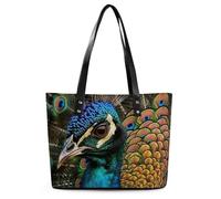 Colored Peacock Leather Tote Bag for Women Work Shoulder Purses with Zipper Waterproof Large Computer Shoulder Bag Fashion Ladies Shoulder Handbag Reusable Shopping Bags