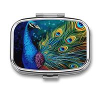 Colored Peacock Pill Box 2 Compartment Portable Travel Pill Case with Mirror Square Metal Medicines Storage Container Pocket Medicine Box to Hold Vitamins Fish Oil