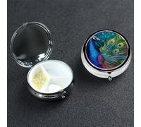 Colored Peacock Pill Box 3 Compartment Waterproof Pill Container with Mirror Metal Medicine Box Organizer Portable Vitamin Case for Pocket & Purse Travel - Round