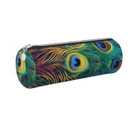 Colored Peacock Printed Leather Pencil Case Cute Stationery Organizer Round Makeup Bag Pen Pouch, Silver Zipper