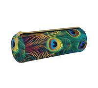 Colored Peacock Printed Leather Pencil Case Round Pen Pencil Pouch Office Large Pencil Bag Stationery Box for Men Women Teens Students