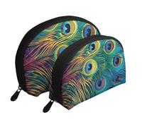 Colored Peacock Printed Makeup Bags 2-Piece Portable Shell Travel Toiletry Bag Cosmetic Organizer Bag for Women