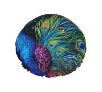 Colored Peacock Shower Cap for Women Men, Elastic and Reusable, Stylish Large Waterproof Shower Bonnet, Washable Hair Bath Caps, Double Layers Bathing Hat for Long Hair, Braids
