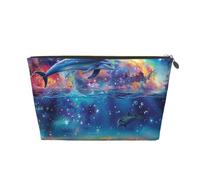 Colored Sea Dolphin Printed Toiletry Bag for Women Girl Portable Travel Cosmetic Bag Leather Makeup Pouch Organizer with Gold Zipper