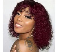 Colored Short Pixie Afro Kinky Curly Bob Human Hair Wig With Bangs For Women Brazilian Hair Ombre Brown Full Machine-12INCHES-Burg Red