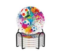 Colored Splashes All Over The Soccer,Round Ceramic Coasters, Mugs Pad, Cups Mat Set of 6 Drinks Coasters With Holder