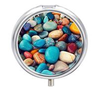 Colored Stones Pill Box Medicine Pill Organizer 3 Compartment Daily Pill Case Small Pill Container Round Pill Holder Travel Pill Box Metal Pill Case for Purse Pocket