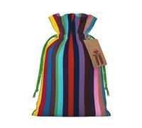 Colored Stripes Vertical Printed Christmas Drawstring Bags Reusable Xmas Bag for Party Xmas Gift Wrapping, Green Ribbon, S