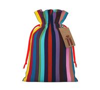 Colored Stripes Vertical Printed Christmas Drawstring Bags Reusable Xmas Bag for Party Xmas Gift Wrapping, Red Ribbon, M