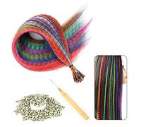 Colored Synthetic Hair 20 Pieces Feather Colorful False Hair Extension with 50 Pieces Silicone Lined Micro Ring, Crochet Hook, Hair Extension Remover Plier for Women