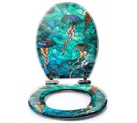 Colored Toilet Seat with Slow Close, Sunken Pirate Ship Illustration Teal Stained Glass Sails Artwork Resin Toilet Seats, Easy to Install, Easy to Clean Heavy Duty Deluxe Toilet Seat