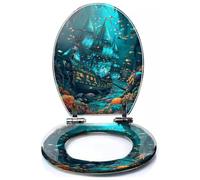 Colored Toilet Seat with Slow Close, Sunken Pirate Ship Illustration Teal Stained Glass Sails Artwork Resin Toilet Seats, Easy to Install, Easy to Clean Heavy Duty Deluxe Toilet Seat