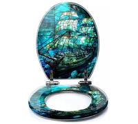 Colored Toilet Seat with Slow Close, Tranquil Blues Stained Glass Canvas Elegance Series Resin Toilet Seats, Easy to Install, Easy to Clean Heavy Duty Deluxe Toilet Seat