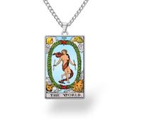 Colored Waite Tarot Card Necklace • Stainless Steel Major Arcana Cards Pendant • Statement Jewelry Gift For Spiritual Men And Witchy Women (21-The World)