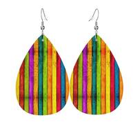 Colored Wooden Board Print Leather Dangle Earrings for Women - Lightweight Teardrop Fashion Statement Earrings