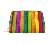 Colored Wooden Board Print Makeup Bag Portable Leather Waterproof Cosmetic Bag Clutch Makeup Brush Bag (6.7x4.3in)