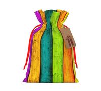 Colored Wooden Board Printed Christmas Drawstring Bags with Red Ribbon - Reusable Burlap Drawstring Gift Pouches, M