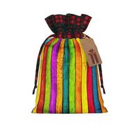 Colored Wooden Board Printing Color Matching Plaid Christmas Bag With Drawstring,4.7x6.9 In For Christmas Halloween