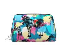 Colored Zebra Print Makeup Bag, Cosmetic Bag,Women Pu Leather Cosmetic Bags with Wrist Strap Travel Toiletry Pouch Makeup Bag