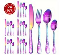(Colorful, 24pcs-6 servings) Merry Christmas Stainless Steel Flatware Set - Includes Dining Knife, Fork, Spoon & Dessert Spoon with Festive Snowflake Design