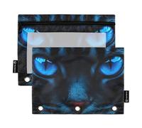 Colorful 3 Ring Binder Pencil Pouch Mysterious Glowing Blue Cat Eyes Zipper Binder Pencils Bags School Binders Clear Pockets Crayon 9.8" x 7.1", 2 Packs