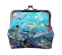 Colorful 3D Nature Scenic of Sea Underwater of Tropical Fishes Women's Leather Kiss-Lock Coin Purse,Double-Sided Full Print Pattern,Ultra-Fine Fiber Leather,Small Clutch Wallet for Cash,Cards,Coins