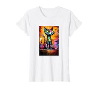 Colorful Abstract Cat Art Graphic Design Value Graphic T-Shirt, Women, White, S
