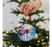 Colorful Abstract Dragonfly Ceramic Christmas Ornaments - 2.8 Inch Round Double-Sided Xmas Tree Decorations with Gold Ribbon for Home Holiday Decor, Gift for Family & Friends