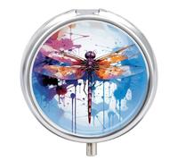 Colorful Abstract Dragonfly Pill Box 3 Compartment Round Small Pill Box for Pocket Purse Metal Travel Pill Case Portable Daily Pill Organizer Cute Compact Medicine Organizer Mini Pill Container