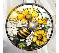 Colorful Acrylic Bee Hanging Window Decor with Printed Stained Glass Style Sun Catcher, Rainbow Maker Wall Art, Gift Idea & Garden Ornament, 7.8 x 7.8 Inch