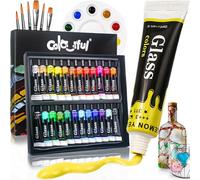 Colorful Acrylic Glass Paint Set with 6 Brushes, 1 Palette, 24 Colors Stain Glass Paints for Wine Glass, Waterproof Acrylic Enamel Paint Kit to Create Translucent Arts on Porcelain, Window & Ceramic