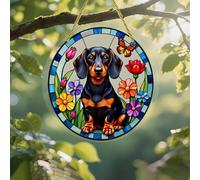 Colorful Acrylic Suncatcher, Dachshund with Colorful Flowers 7-inch Hanging Window Wall Art Decor with Printed Stained Glass Style Design, Gift Idea & Garden Ornament Indoor Outdoor Use