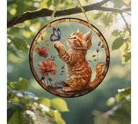 Colorful Acrylic Suncatcher, Kitten Reaching for Butterfly 7-inch Hanging Window Wall Art Decor with Printed Stained Glass Style Design, Gift Idea & Garden Ornament Indoor Outdoor Use