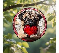 Colorful Acrylic Suncatcher, Pug Holding Heart 7-Inch Hanging Window Wall Art Halloween Christmas Decor Printed Stained Glass Style Ornament Indoor Outdoor Home Garden Decoration Gift Idea