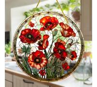 Colorful Acrylic Suncatcher, Red Poppy 7-inch Hanging Window Decor with Printed Stained Glass Style Design Sun Catcher, Gift Idea & Garden Ornament Indoor Outdoor Use