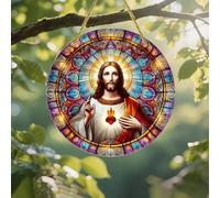 Colorful Acrylic Suncatcher, Sacred Heart Stained Glass Window 7-inch Hanging Window Wall Art Decor with Printed Stained Glass Style Design, Gift Idea & Garden Ornament Indoor Outdoor Use