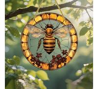 Colorful Acrylic Suncatcher, Stained Glass Bee with Flowers 7-inch Hanging Window Wall Art Decor with Printed Stained Glass Style Design, Gift Idea & Garden Ornament Indoor Outdoor Use