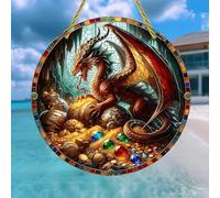 Colorful Acrylic Suncatcher, Stained Glass Dragon Guarding Treasure 7-inch Hanging Window Wall Art Decor with Printed Stained Glass Style Design, Gift Idea & Garden Ornament Indoor Outdoor Use