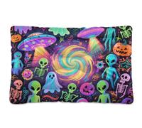 Colorful Aliens for Happy Halloween Washable Dog Beds Crate Pad Soft Anti-Slip Pet Mat for Medium/Large Dogs 36" x 24"