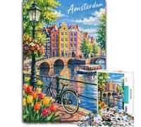Colorful Amsterdam Canal Scene with Bicycles Jigsaw Puzzle, 1000 Piece | For winter weekends, this adult jigsaw puzzle with 1000 pieces makes a thoughtful puzzle gift for adults.