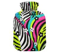 Colorful Animal Stripes White Flowers hot Bottle Water Bag with Soft Cover, 2L Water Bottle Bag for Period Cramps, Period Cramps, bolsas de agua Caliente para Dolores