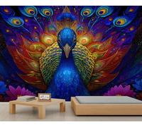 Colorful Animals Peacock Wallpaper Purple and Blue Lotus Custom Wallpaper Abstract Geometric Wall Murals Dreamy Flowing Lines Bedroom Wall Paper Mural for Living Room Bedroom Kids Room 500X300cm