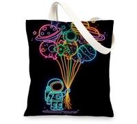 Colorful Astronaut Canvas Tote Bags, Neon Space Pattern Reusable Grocery Bags, Lightweight Washable Shoulder Strap Canvas B, Black, 13x15 Inch