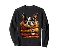 Colorful Autumn Boston Terrier Resting Fall Leaves Cozy Dog Sweatshirt