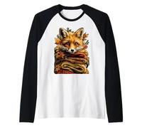 Colorful Autumn Fox Resting with Fall Leaves Cozy Animal Raglan Baseball Tee