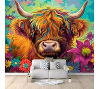 Colorful Background Wall Mural - 200 x 140 cm Animal Highland Cattle and Flowers Photo Wallpaper for Boys' Bedroom, Living Room, Playroom, Nursery, Teen Room, Kids' Photo Mural Wall Art