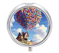 Colorful Balloon and House Pill Box 3 Compartment Waterproof Pill Container with Mirror Metal Medicine Box Organizer Portable Vitamin Case for Pocket & Purse Travel - Round